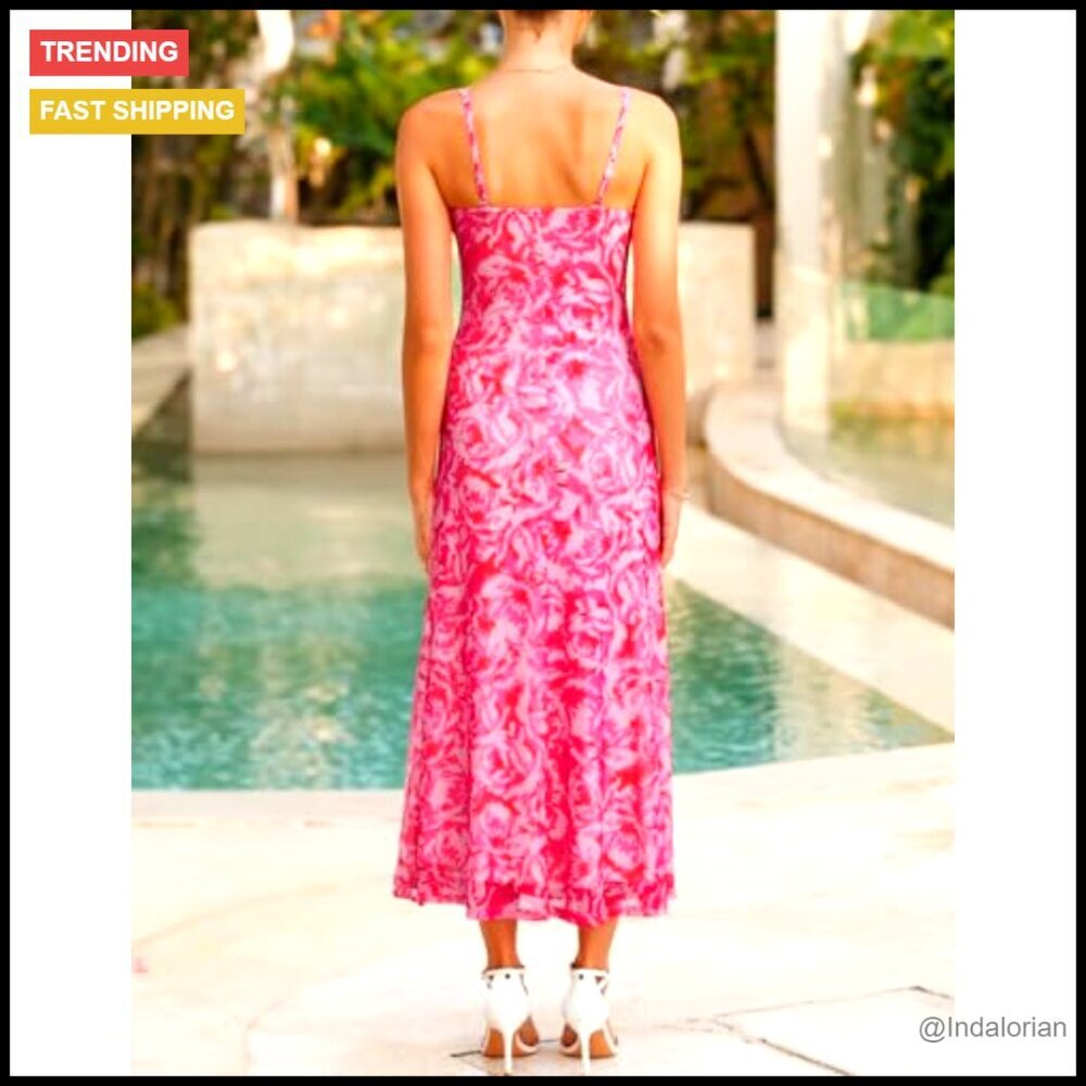 Floral Maxi Dress Sleeveless Square Neck Bodycon Boho Beach Summer Chic - Picture 3 of 7